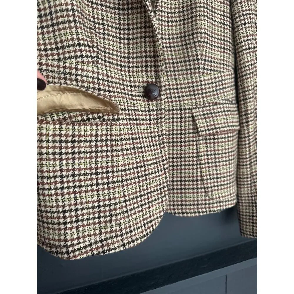 J. Crew Wool Blend Houndstooth Blazer Brown Tan Dark Academia Size 0